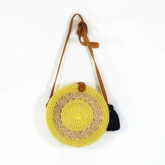 Handbags - NWT Round Rattan Yellow Tan Crossbody With Tassle And Leather Strap